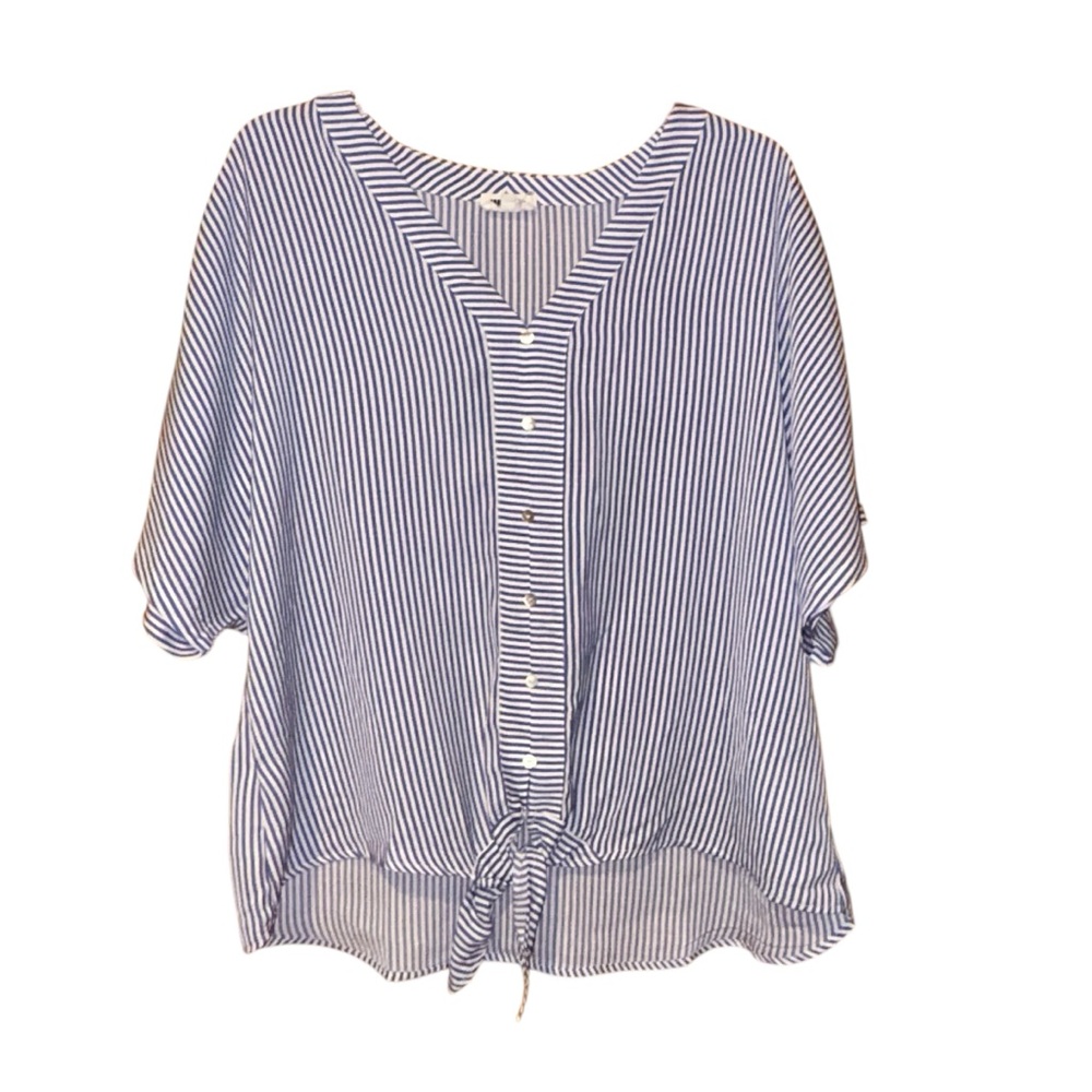 West K Women’s Blue White Stripe Tie Front Blouse Faux Button XL Coastal Resort
